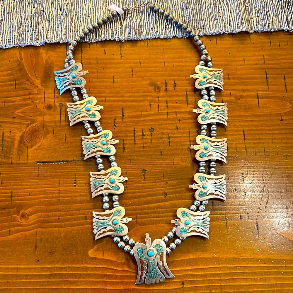 Sterling Silver Coral and Turquoise Chip Inlay Peyote Bird Squash Necklace